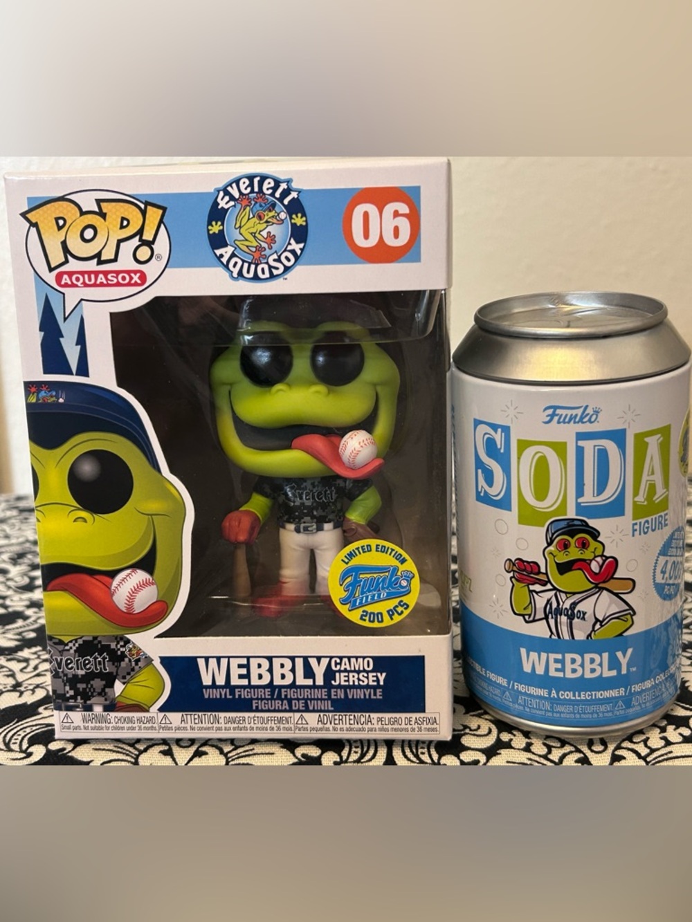 AquaSox Webbly Funko Pop Camo Jersey LE 200 & Soda Common MiLB Seattle Everett